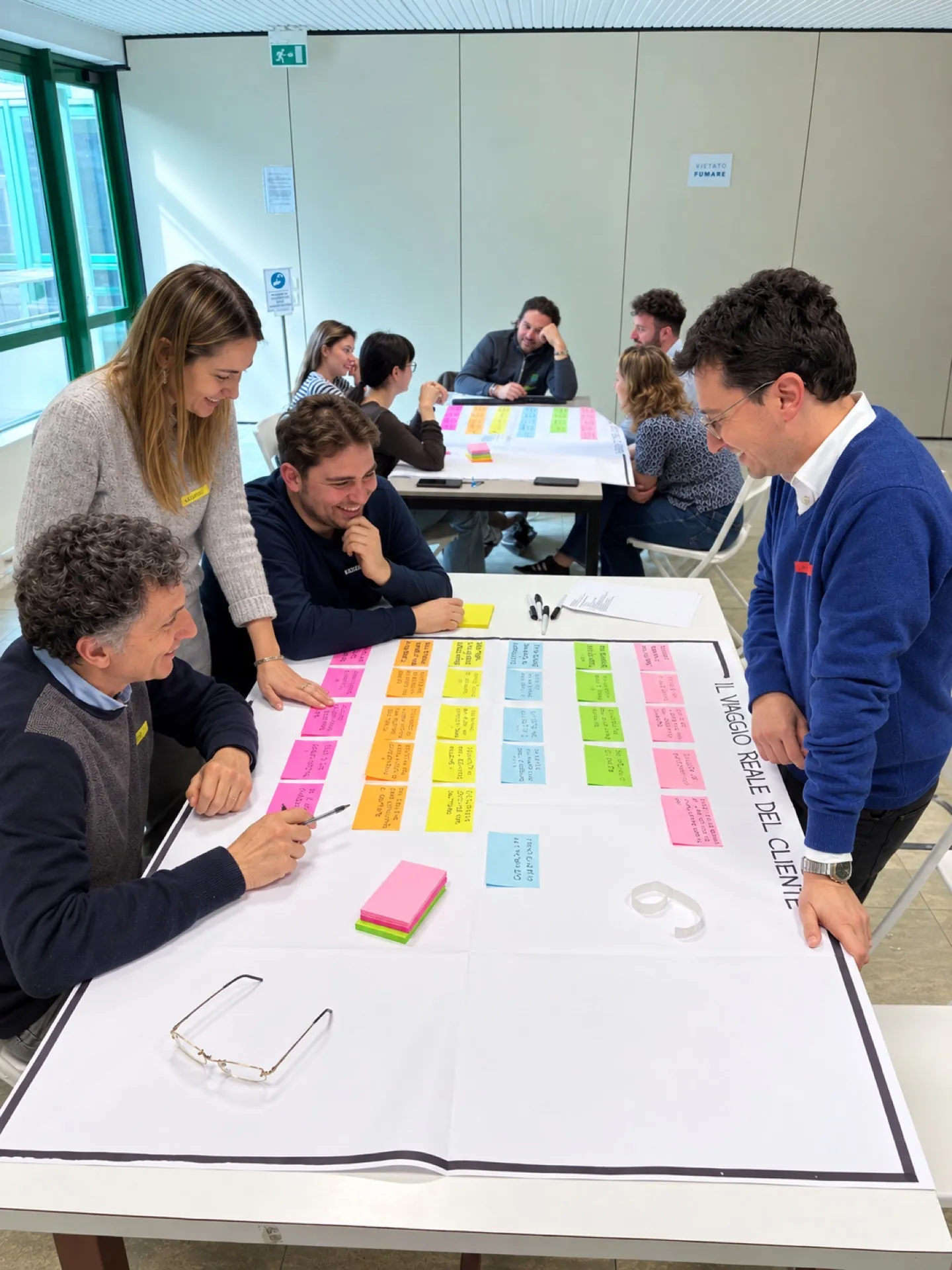 Il team trasversale del Consorzio Agrario di Parma ricostruisce con post-it il viaggio reale del cliente tra funzioni e reparti.