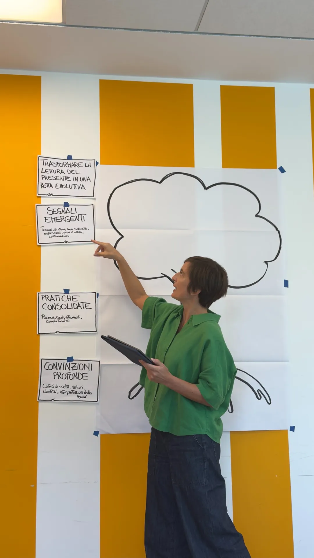 Maria Elena Luccerini presenta i livelli dell’albero delle ipotesi durante il laboratorio Radici e Rotte all’ETB Camp di Milano.