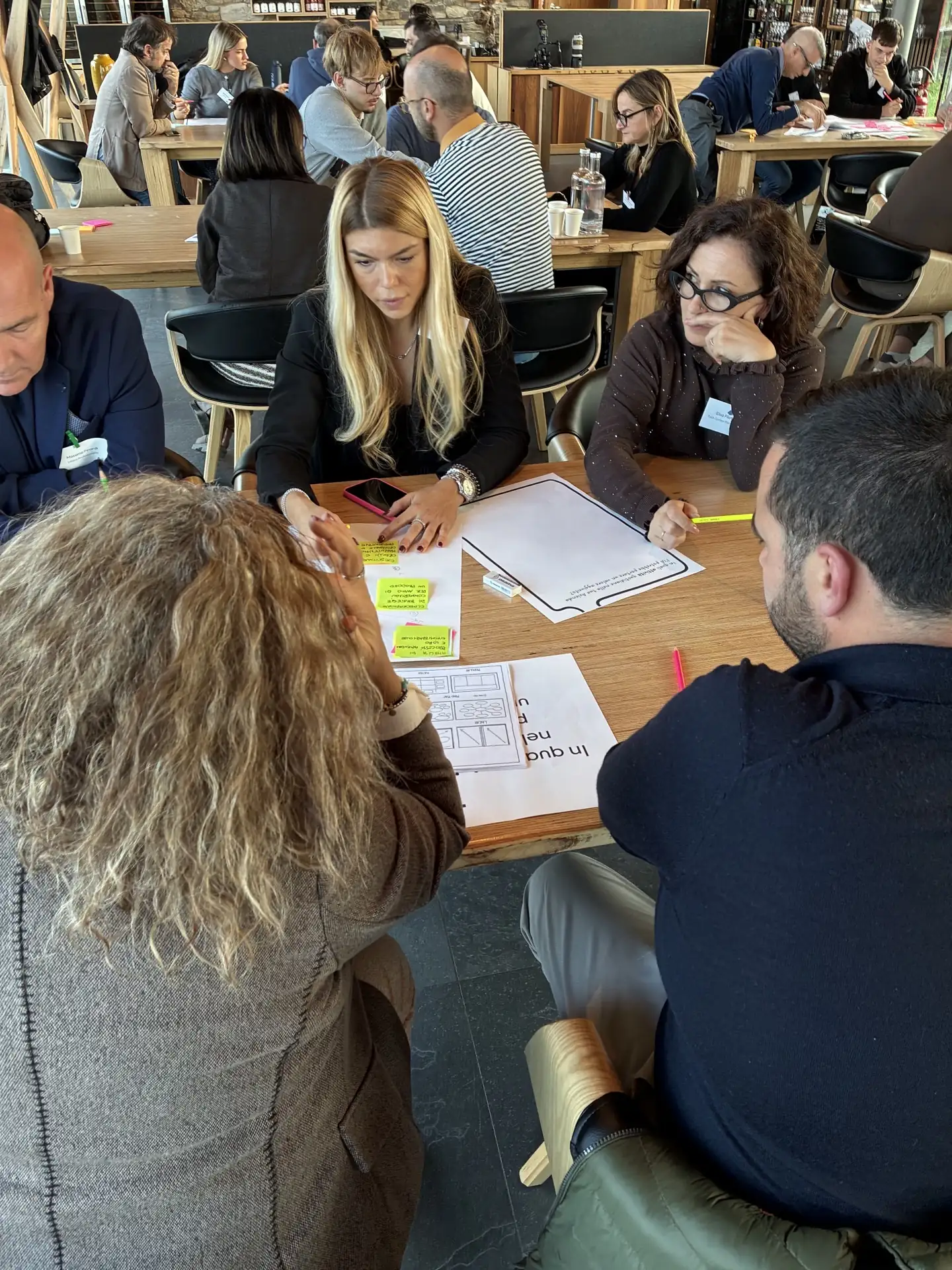Un gruppo raccoglie e organizza con post-it le possibili applicazioni dell’intelligenza artificiale nel lavoro quotidiano.